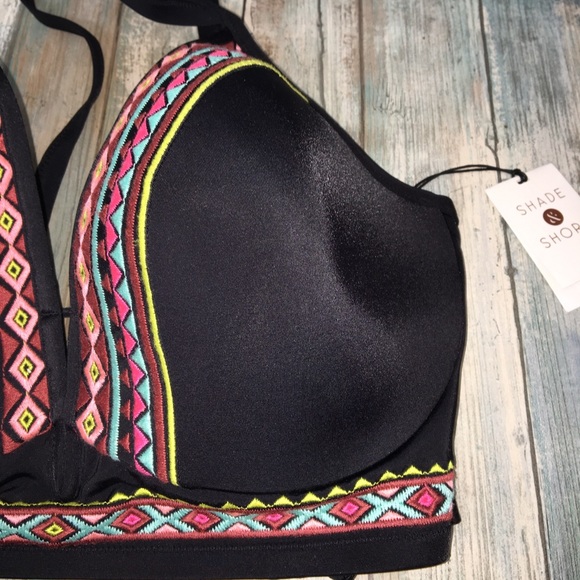 NWT Shade & Shore Black Aztec Embroidered Bikini Top - Picture 3 of 7